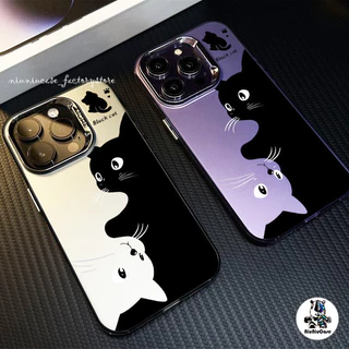 เคสไอโฟน11 สีดำหรูหราซิลิโคนแข็งกรณีโทรศัพท์ แมวสีดำแมวสีขาว For IPhone 13 12 7Plus 14 15 11 Pro MAX 8 7 6 Plus X XR XS