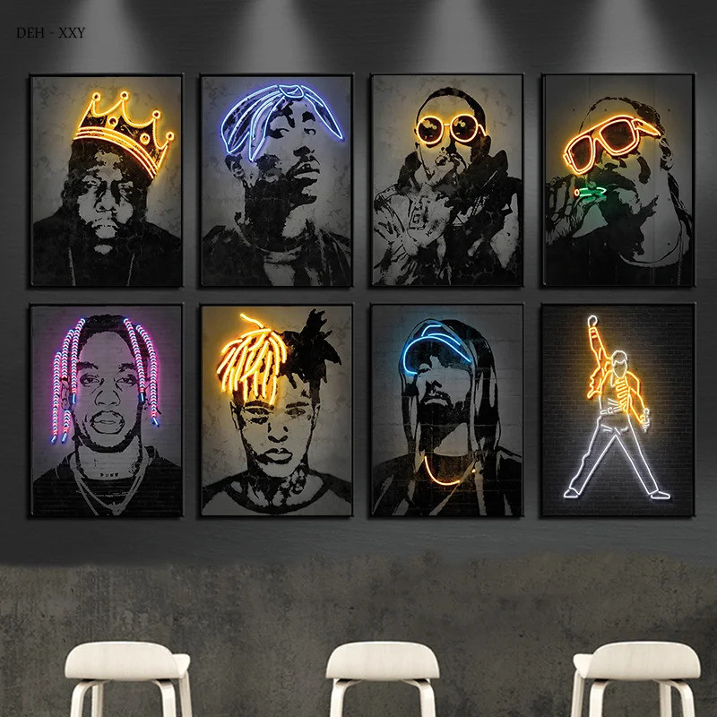 บทคัดย่อนีออนออกแบบ Rapper Star โปสเตอร์ 2Pac Hip Hop นักร้อง Wall Art ภาพ Graffiti ผ้าใบภาพวาด Home