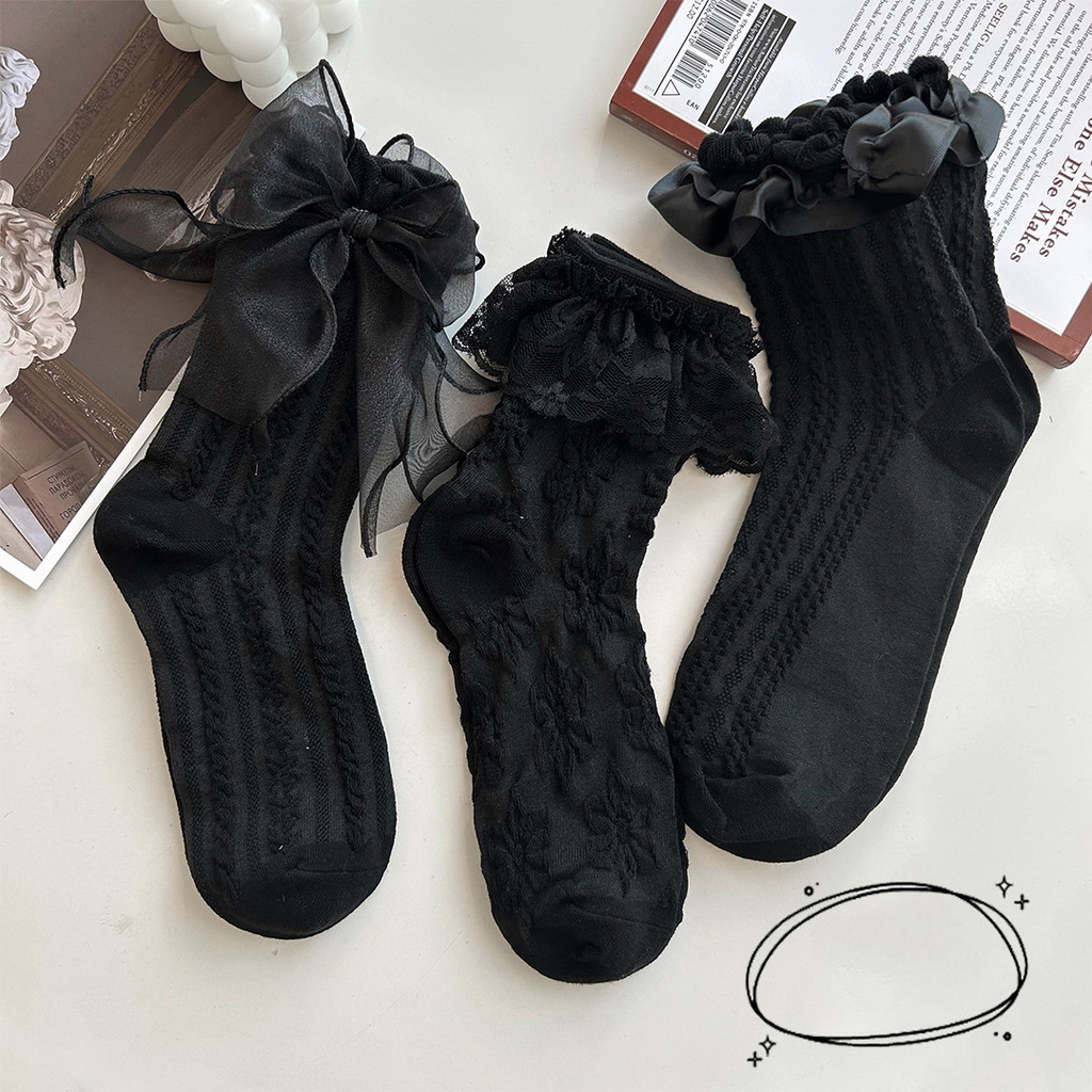 ผู้หญิงถุงเท้าแข็งสีดําสีขาวโลลิต้าลูกไม้นัวเนียถุงเท้าฤดูร้อนบางสไตล์ญี่ปุ่น น่ารัก สาวหวานน่ารักถุงเท้าสั้น - รูปที่ 2