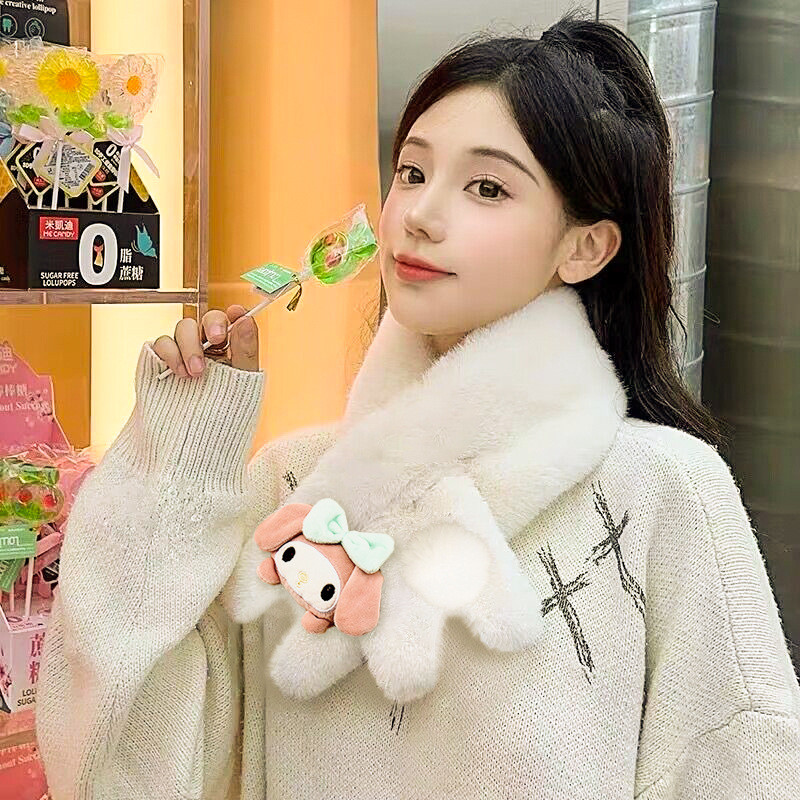 SANRIO ซานริโอ ผ้าพันคออเนกประสงค์ระดับไฮเอนด์ของเด็กผู้หญิงแฟชั่นฤดูใบไม้ร่วงและฤดูหนาวสามมิติการ์ตูนน่ารักผ้าพันคอตุ๊กตาอบอุ่น
