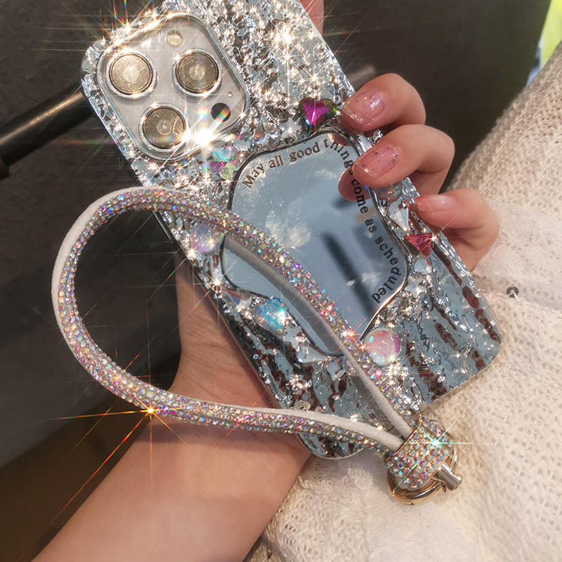 สายรัดข้อมือป้องกันการสูญหาย เชือกคล้องโทรศัพท์มือถือแบบสั้นประดับพลอยเทียมหรูหรา-CY