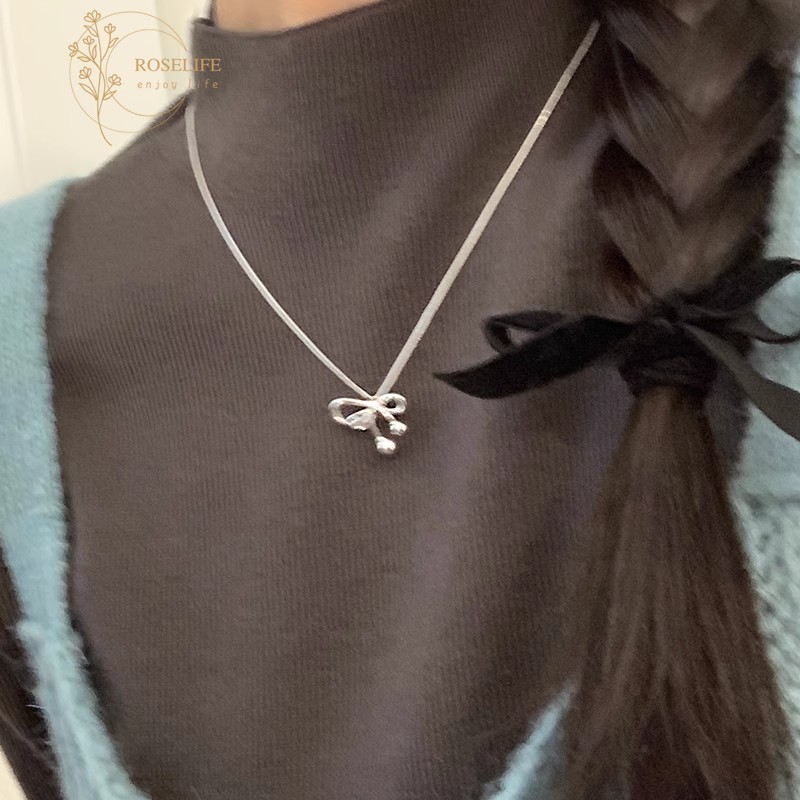 Roselife เกาหลีเงินน่ารักโบว์จี้สร้อยคอผู้หญิงฤดูใบไม้ร่วงสวมใส่ทุกวัน Bowknot คอเครื่องประดับ