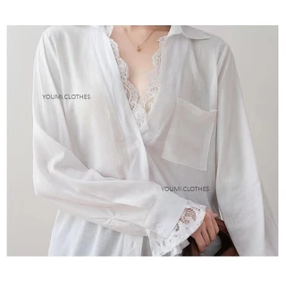 เสื้อเบลาส์ผู้หญิง มีกระเป๋า ทรงอสมมาตร สีพื้น สไตล์ลำลอง ลูกไม้ เสื้อเชิ้ตแขนยาวทรงหลวม เสื้อคลุม