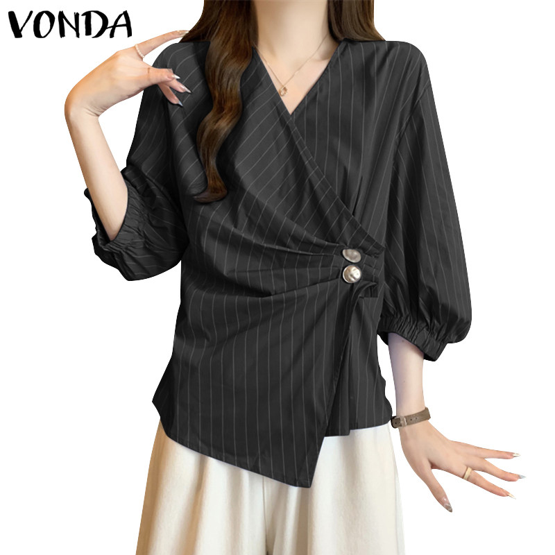 Vonda ผู้หญิงเกาหลีลําลอง 3/4 แขนคอวีปุ่มตัดลายเสื้อ