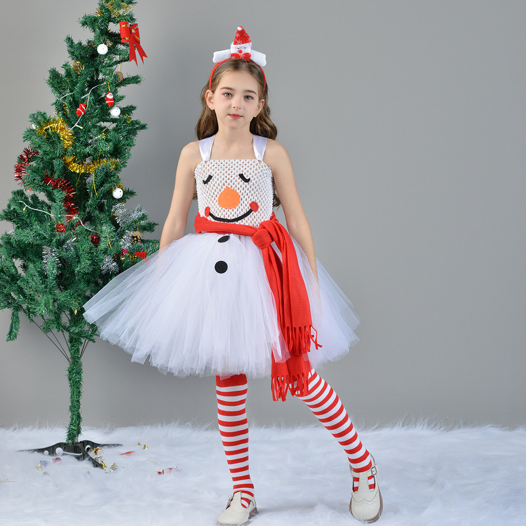 คริสต์มาส Snowman cos ชุดสาวสีขาว Snow Treasure cos เสื้อผ้า Christmas Party เสื้อผ้า 4 ชิ้นชุด