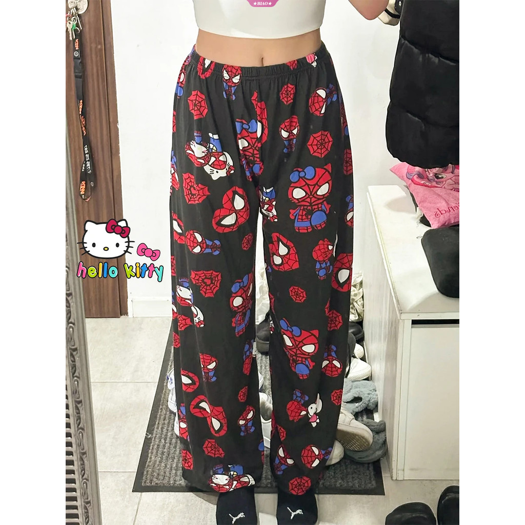 อะนิเมะ Spiderman Hello Kitty Flannel กางเกง Y2K ผู้หญิงฤดูใบไม้ร่วง/ฤดูหนาว Kawaii Fluffy Warm Granny กางเกงแฟชั่นหลวม Pyjama ของเล่น