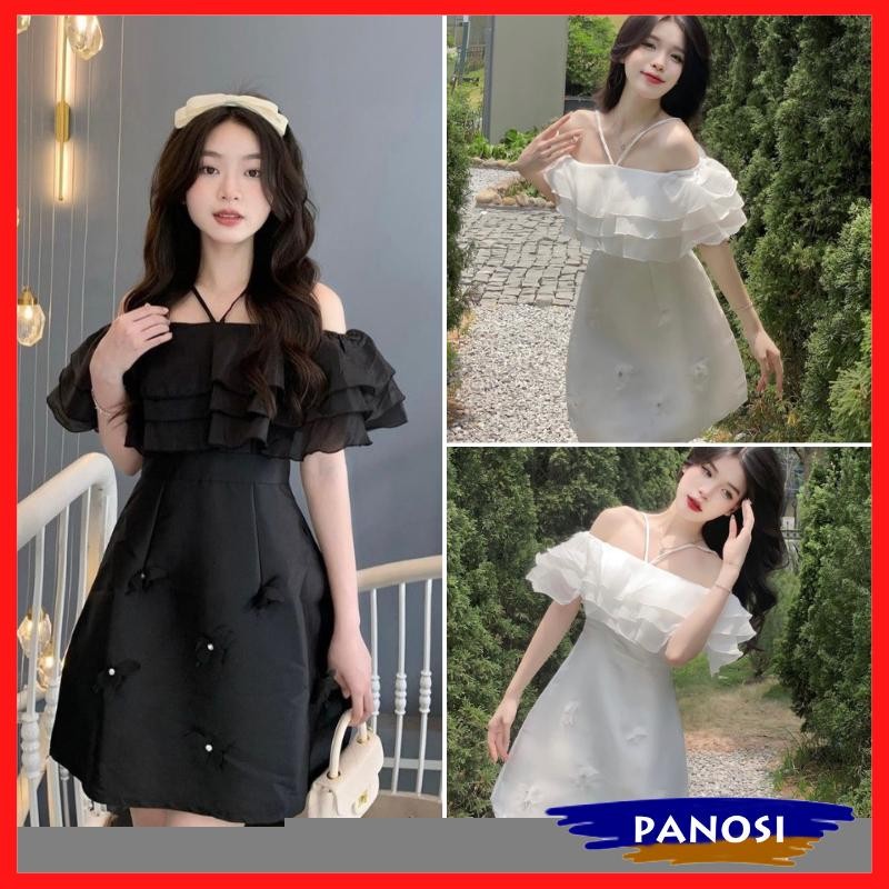 เดรสมิดิเปิดไหล่สวยสุดๆ เดรสคล้องคอเปิดไหล่ประดับมุกหรูหรา V249 PANOSI
