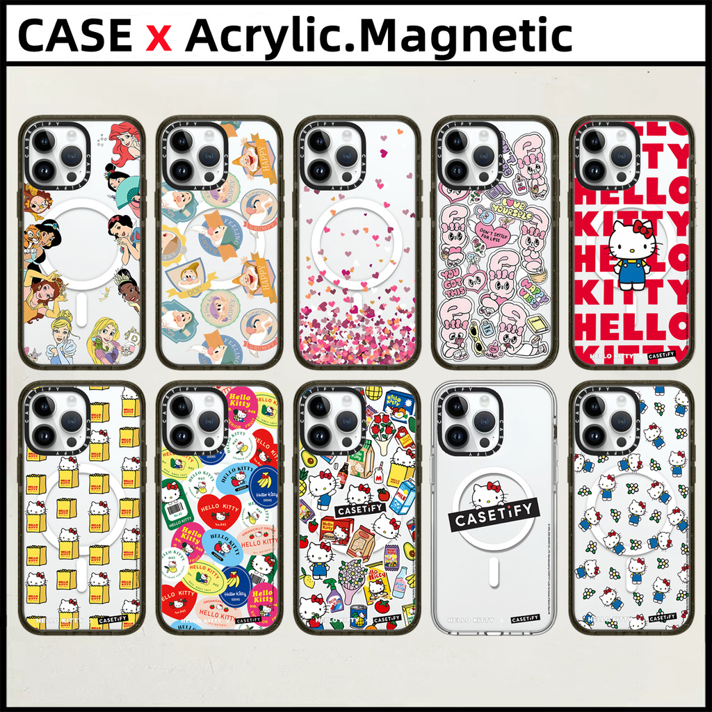 Casetifyhello Kittyอะคริลิคปลอกแม่เหล็กสําหรับiPhone 15 16 Pro Max 14 15 16 PlusกรณีDisney Princess Seven Dwarfs Esther Kimแฟชั่นแกะสลักด้านข้างตัวอักษรฝาครอบป้องกัน