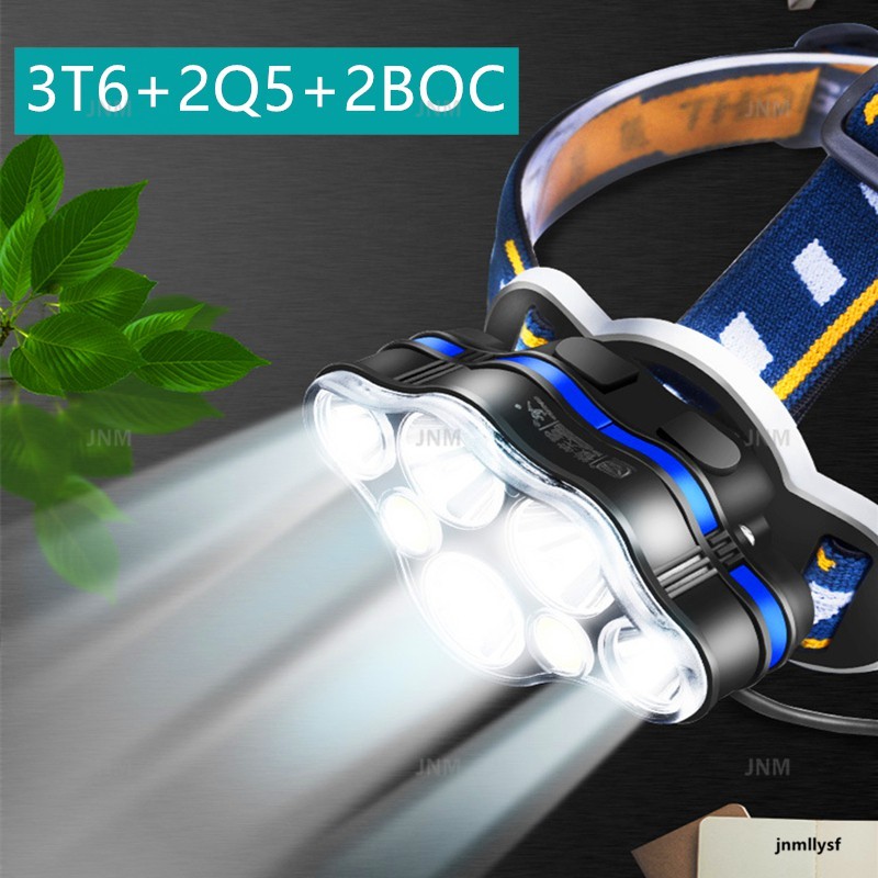 3t6+2q5+2cob ไฟฉายแบบคาดศีรษะ, LED 7 ดวง, 8 โหมด, ชาร์จ USB, สําหรับตกปลา, ตั้งแคมป์, ขี่จักรยาน