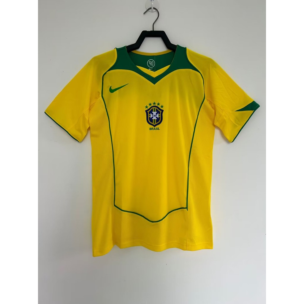 2004 เสื้อยืดแขนสั้นฟุตบอลย้อนยุคบ้านบราซิล