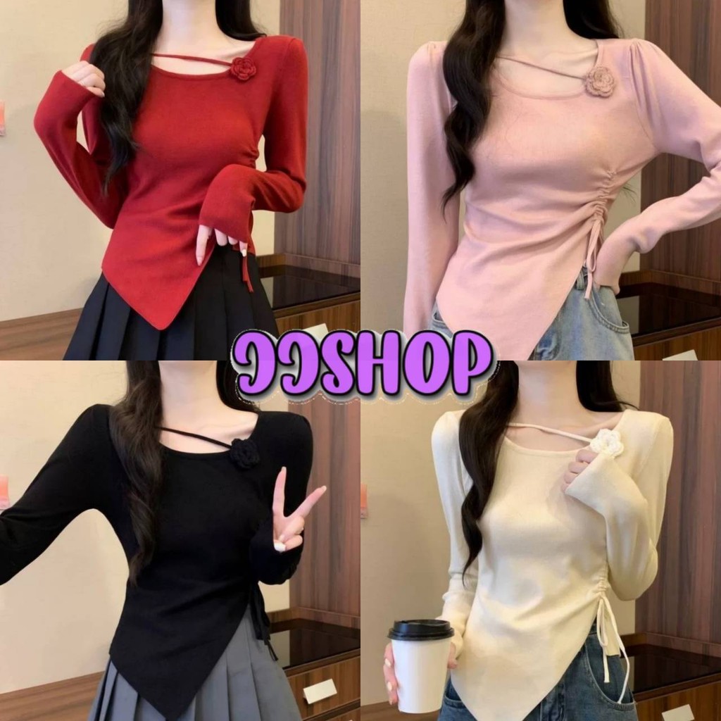 JJ Shop​ ​พร้อมส่ง เสื้อไหมพรมแขนยาว ดีเทลแต่งสายคาด ติดดอกไม้น่ารัก "Y-P37"