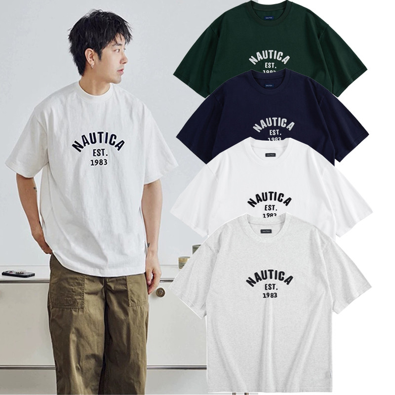 Nautica เสื้อยืดแขนสั้นพิมพ์ลายตัวอักษรหลวมสบายๆผู้ชายผู้หญิง
