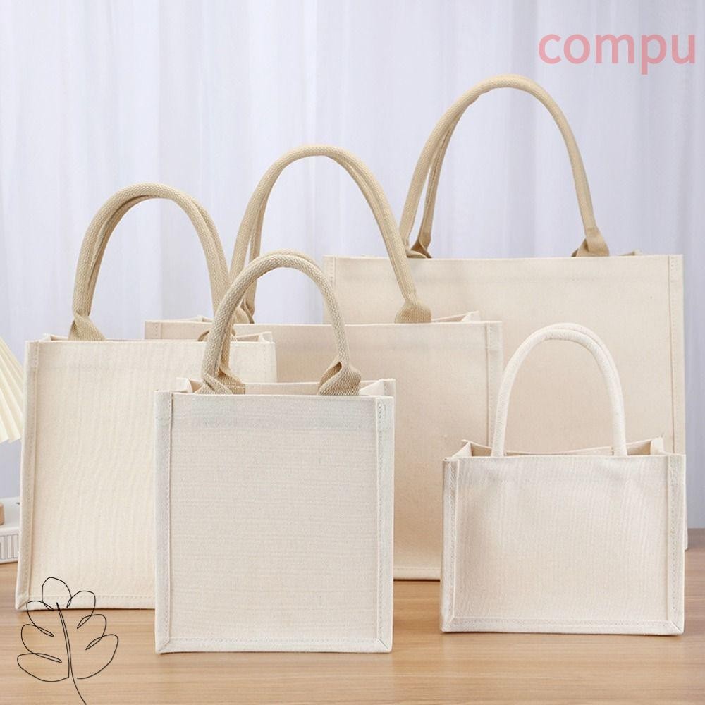 กระเป๋าผ้าแคนวาส COMPU, กระสอบเปล่าแบบพับได้สีเบจ, กระเป๋าเก็บของแบบใช้ซ้ําได้ DIY Hand Drawn Travel Shopping Bag