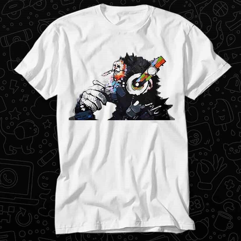 เสื้อยืดออกแบบbanksy dj monkey thinker พร้อมหูฟัง
