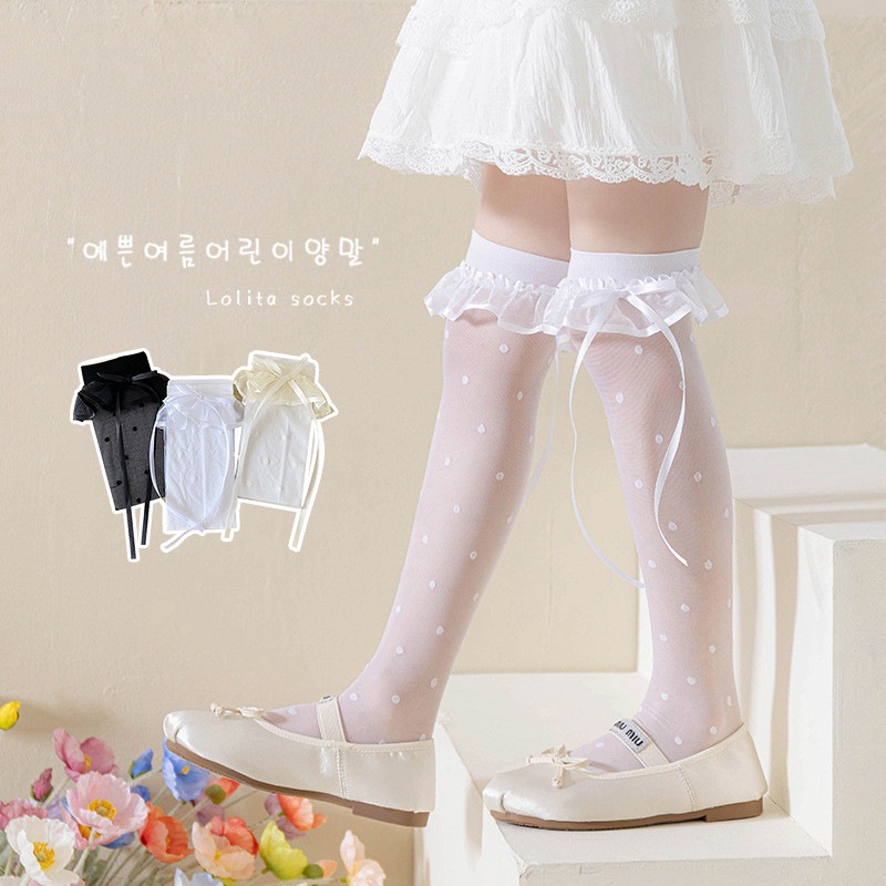 ถุงเท้าลูกไม้ยาวถึงเข่าเด็กฤดูใบไม้ผลิและฤดูร้อนบางลูกไม้ลายจุดเข่า-สูงโลลิต้าสาวถุงเท้ากลางลูกวัว