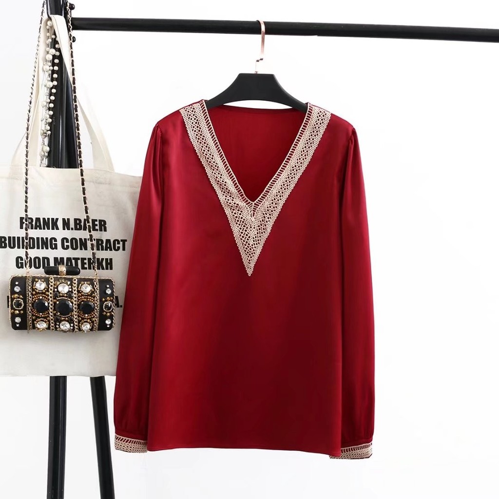 Plus ขนาด 2XL-5XL ผู้หญิงแขนยาว V คอฤดูใบไม้ร่วงใหม่เสื้อสุภาพสตรี Office-wear A-line สีแดงเสื้อขนาด