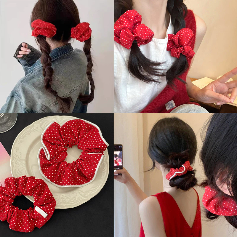 สวยงามจุดสีแดงผูกผมผมหางม้าหัวเชือกจีนสีแดง Scrunchies เครื่องประดับผม