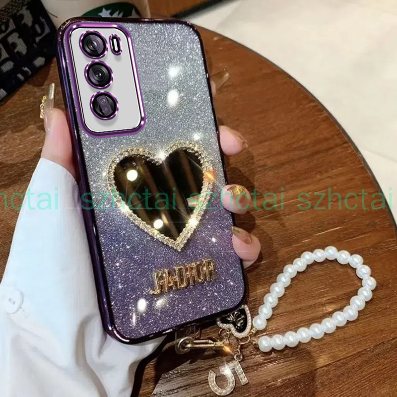 เคส OPPO Reno12 5G Reno 12 Pro 5G 11 5G 11F 11 Pro 10/ 10 Pro 8T 5G หรูหรา ชุบ แวววาว เกราะป้องกัน เปลือกอ่อน พร้อมเครื่องสําอางแต่งหน้า กระจกแห่งความรัก สร้อยข้อมือ เชือกเส้นเล็ก