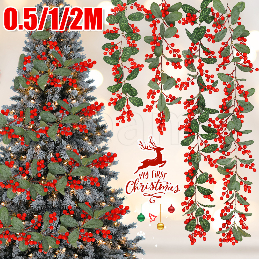 0.5/1/2m จําลองคริสต์มาส Berry Vine-คริสต์มาสประดิษฐ์ Red Berries หวายใบเขียว-ต้นคริสต์มาสแขวนเครื่อ