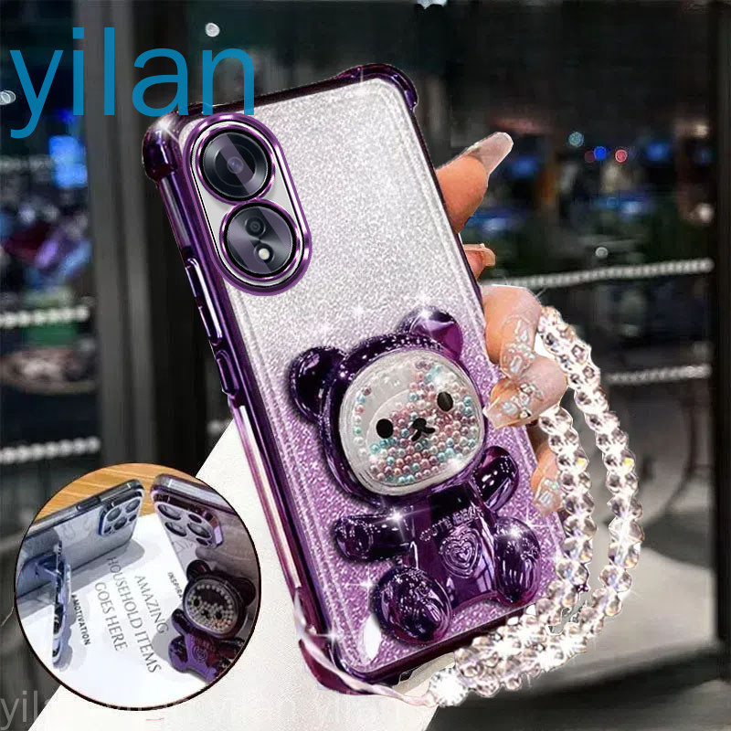 เคสโทรศัพท์กันกระแทกสําหรับ OPPO A58 A78 4G 5G สี่มุม anti drop น่ารัก 3D สีสันสดใสผู้ถือหมีวงเล็บฝาครอบสร้อยข้อมือคริสตัล softcase