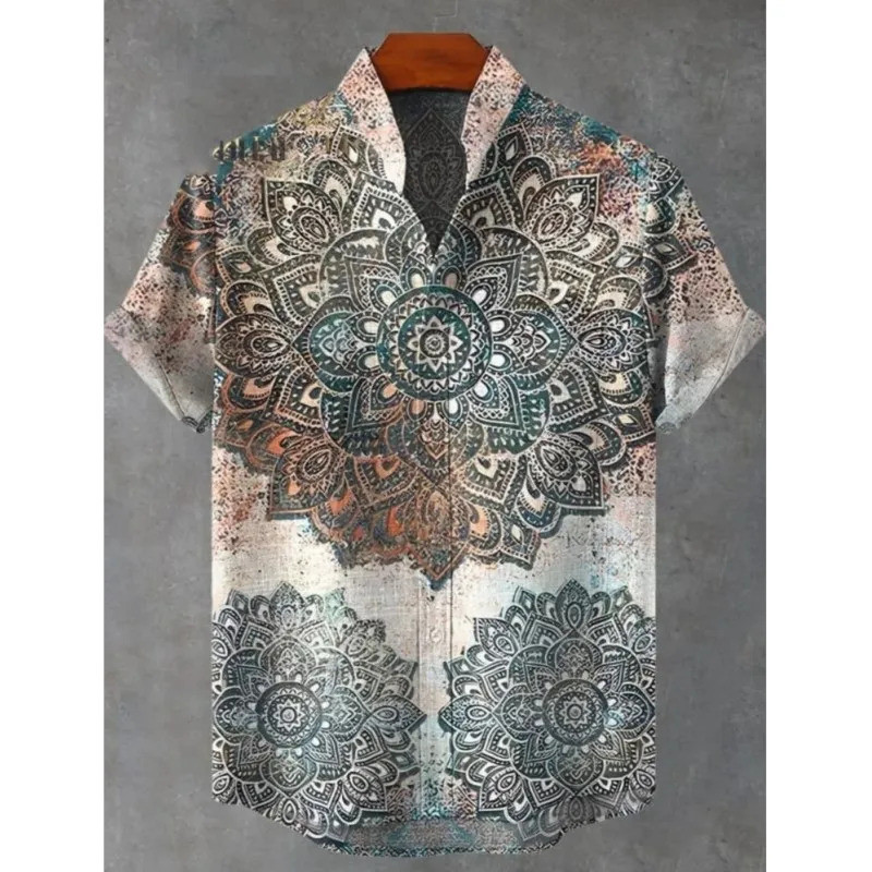 2025 ผู้ชาย มันดาลา ดอกไม้แบบเสื้อแขนสั้นฤดูร้อนวินเทจใหม่ผ้าลินินเสื้อผู้ชายแขนสั้นสันทนาการวันหยุด ถนน
