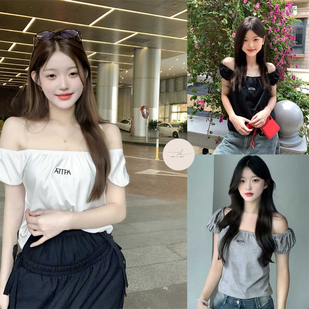 เสื้อไหมพรมเปิดไหล่ แขนระบาย พอดีตัว