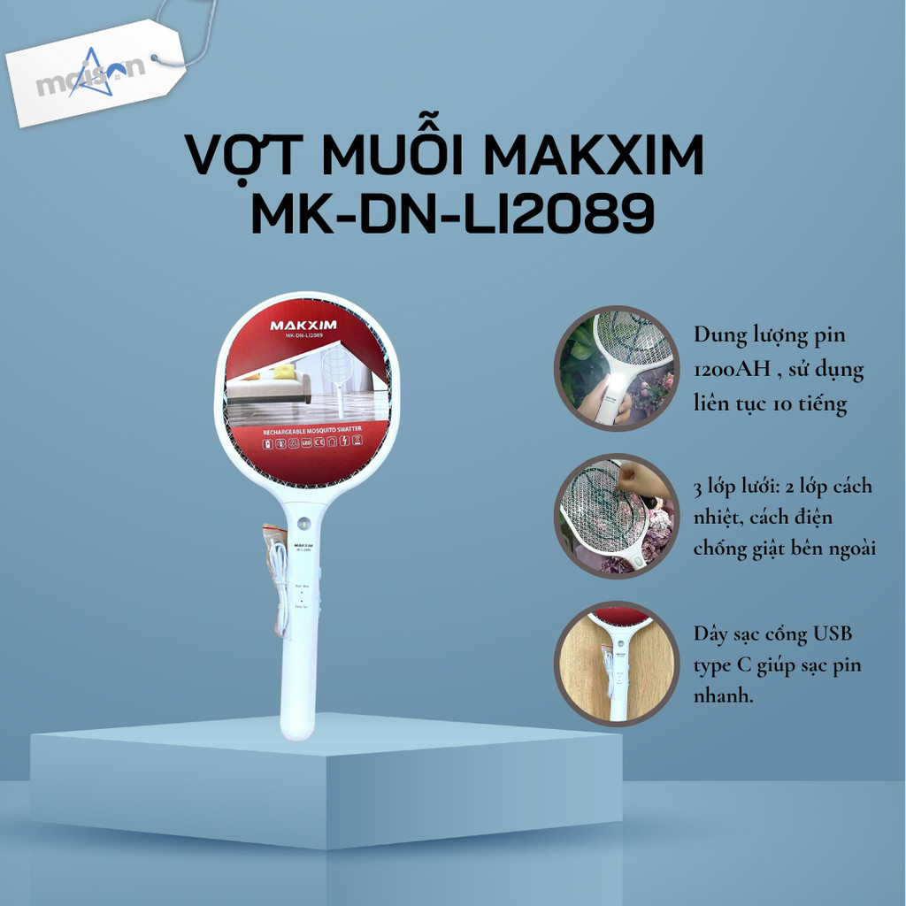 Vợt Muỗi Điện Đa Năng Cao Cấp  MAKXIM MK - DN - LI 2089 - Hàng Chính Hãng