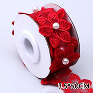1 ม้วนลูกปัดมุก 3D ปักดอกไม้ Organza ริบบิ้นลูกไม้ Trim ผ้าสําหรับ Handmade ชุดแต่งงาน Diy เย็บเสื้อผ้าอุปกรณ์