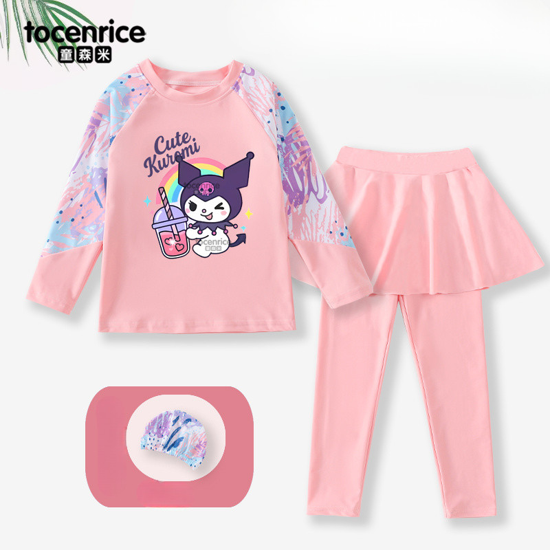 ชุดว่ายน้ำ Kuromi สำหรับเด็กหญิง แบบแขนยาวและขายาย พร้อมหมวกว่ายน้ำสีม่วง - รูปที่ 2