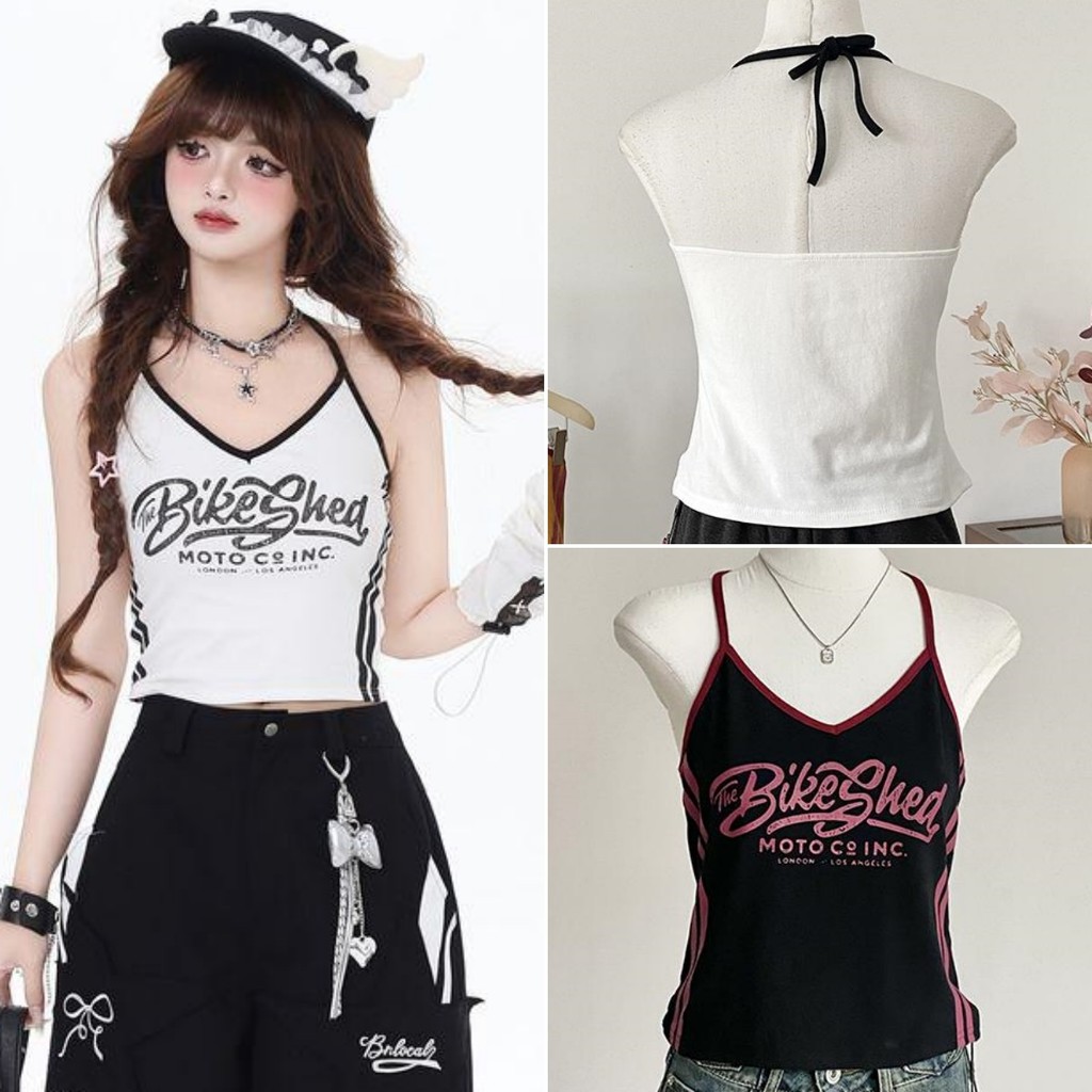 Luna Shop พร้อมส่ง เสื้อสายเดี่ยวผู้หญิง เสื้อกั๊กคอวีทรงสลิมฟิต แขนกุด ลายพิมพ์ตัวอักษร หวานและเซ็กซี่ สไตล์สาวฮอตอเมริกัน