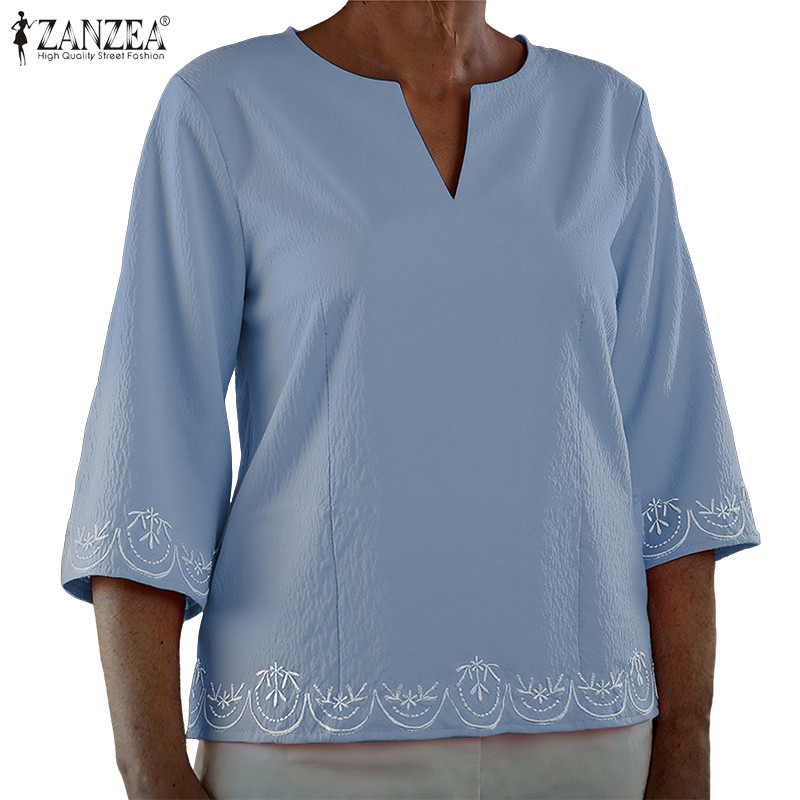 เสื้อเบลาส์เข้ารูป พิมพ์ลายเกาหลีวินเทจ 3/4 คอ V สำหรับผู้หญิง ZANZEA