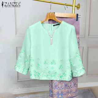 ZANZEA ซานเซีย สเวตเตอร์คอกลมแขน3/4 พิมพ์ลายดอกไม้ เสื้อย้อนยุคสำหรับผู้หญิง