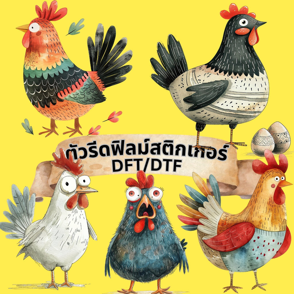 ตัวรีดติดเสื้อ ไก่ ลายอาร์ทๆ น่ารัก ฟิลม์รีดร้อน พิมพ์ลาย สกรีนลาย ฟิลม์ DFT DTF