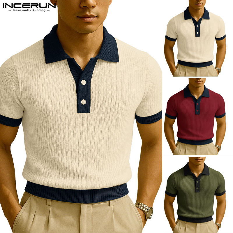 INCERUN Mens Splicing Color Contrast Texture Collar T-shirt POLO Shirts