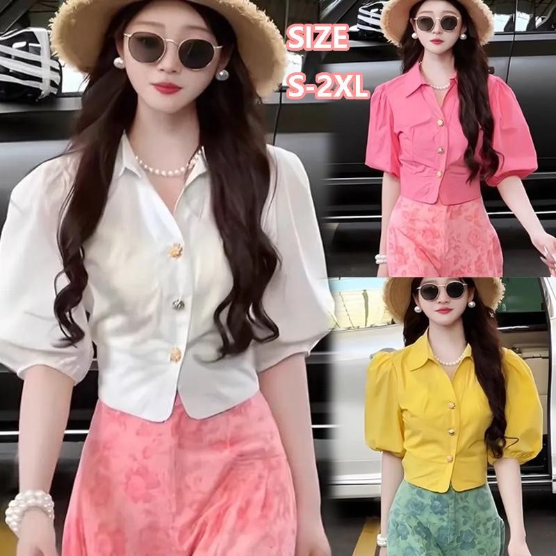 ohho เสื้อสตรี คอปก แขนฟองหวาน ทรงหลวมและทรงสลิมฟิต ปกปิดหน้าท้อง เสื้อเชิ้ตอเนกประสงค์เฉพาะ #w626