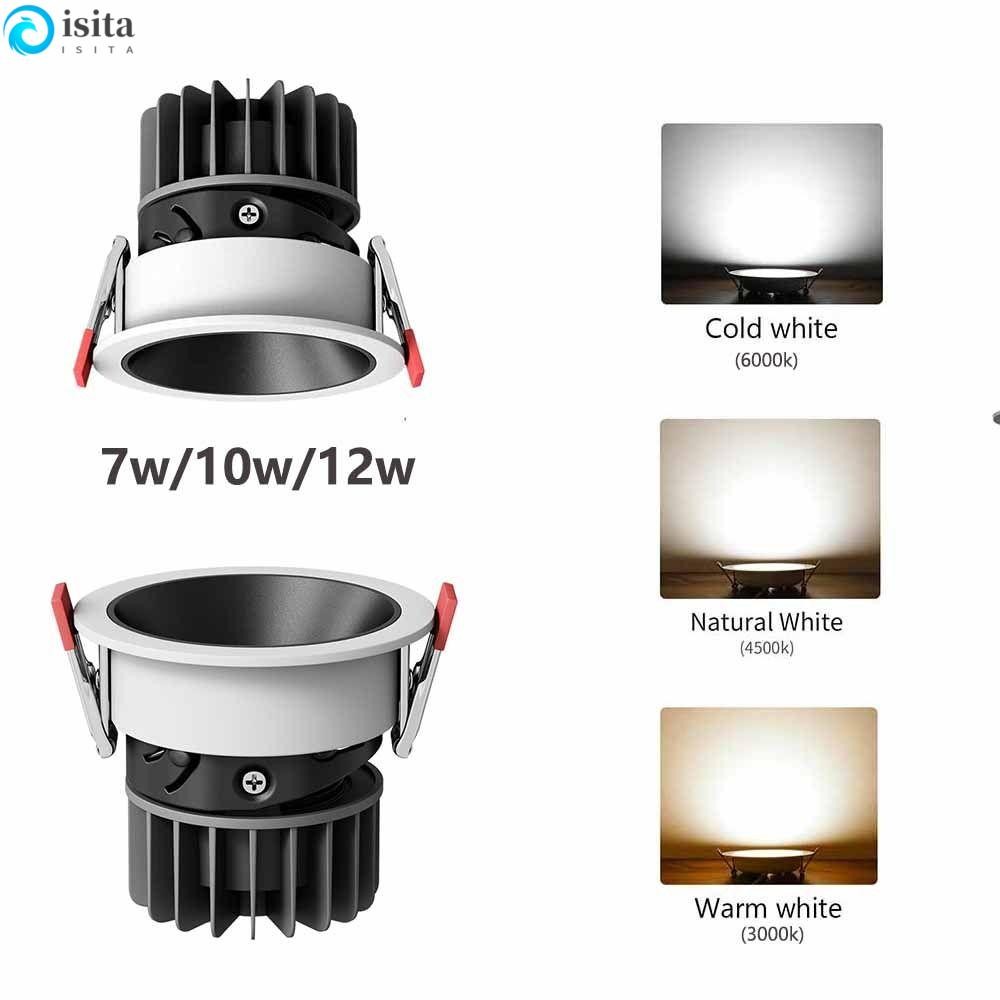 ISITA LED ดาวน์ไลท์, ไฟสปอตรอบลง, ทนทาน 7W 10W 12W โคมไฟเพดานประหยัดพลังงานแบบฝังบ้าน