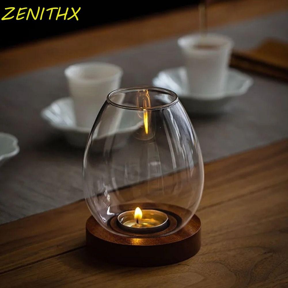 ZENITHX เชิงเทียน, โปร่งใสพร้อมฐานไม้เชิงเทียนพร้อมฝาปิดถ้วย, แก้วกันลมตกแต่งบ้าน Retro เครื่องประดับตกแต่งโต๊ะบ้าน