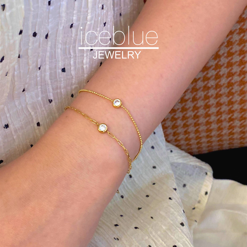 Iceblue-18K Gold Simple Zircon เพชรลูกปัดสร้อยข้อมือกันน้ํา Non-Fade เครื่องประดับ 316L สแตนเลสไทเทเนียมเหล็กสร้อยข้อมือผู้หญิง B37