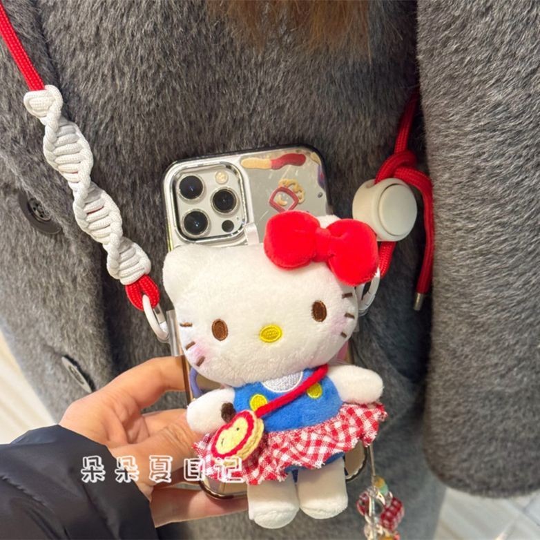 [ใหม่] Spring Outing กระโปรงตรวจสอบสีแดง kitty ตุ๊กตาตุ๊กตาโทรศัพท์มือถือคลิปหลัง ins สไตล์เกาหลีตกแต่งโทรศัพท์มือถือที่เหมาะสมเชือก Messenger