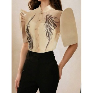 Amyenjoylife Modern Filipiniana Women'S Fashion Stand-Up Collar Cardigan With Printed Puffy Sleeves Spring And Summer Cardigan Top