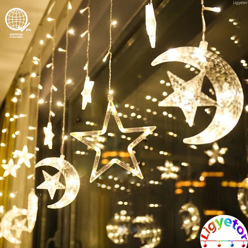 Ligyetor EID LED Star Moon Curtain String Lights สําหรับมุสลิมรอมฎอน ,hari Raya,ฮาโลวีน,งานแต่งงาน,ปาร์ตี้,Inoor,Balcony,Xmas Christmas Lampu