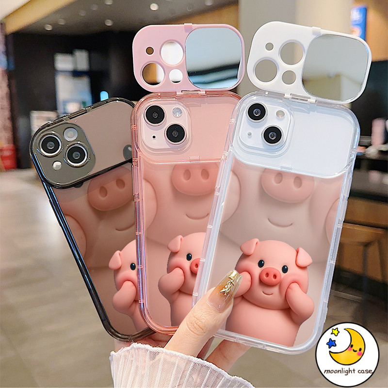🎀จัดส่งในพื้นที่🎀 เคสกระจกแต่งหน้า ลูกหมู น่ารัก การ์ตูน  สําหรับIPhone 16 15 14 13 12 11 6 7 8plus Pro Promax XR XS