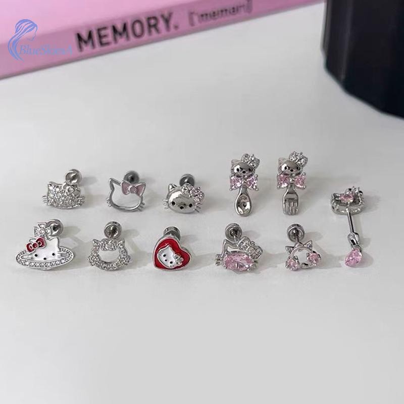 BL Sanrio ต่างหูสตั๊ดคริสตัลเต็มรูปแบบ Kawaii Hello Kitty ต่างหูเหล็กไทเทเนียมอะนิเมะอุปกรณ์ต่อพ่วงของขวัญสําหรับหญิง A