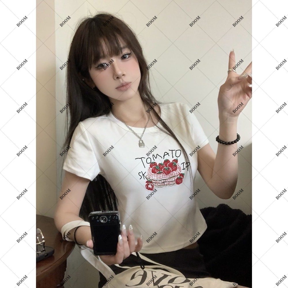 COD✅ (กรุงเทพจัดส่งสินค้า)BOOM Shop เสื้อครอป แขนสั้น baby tee เค้ก พิมพ์ลายตัวอักษร สําหรับผู้หญิง - รูปที่ 3