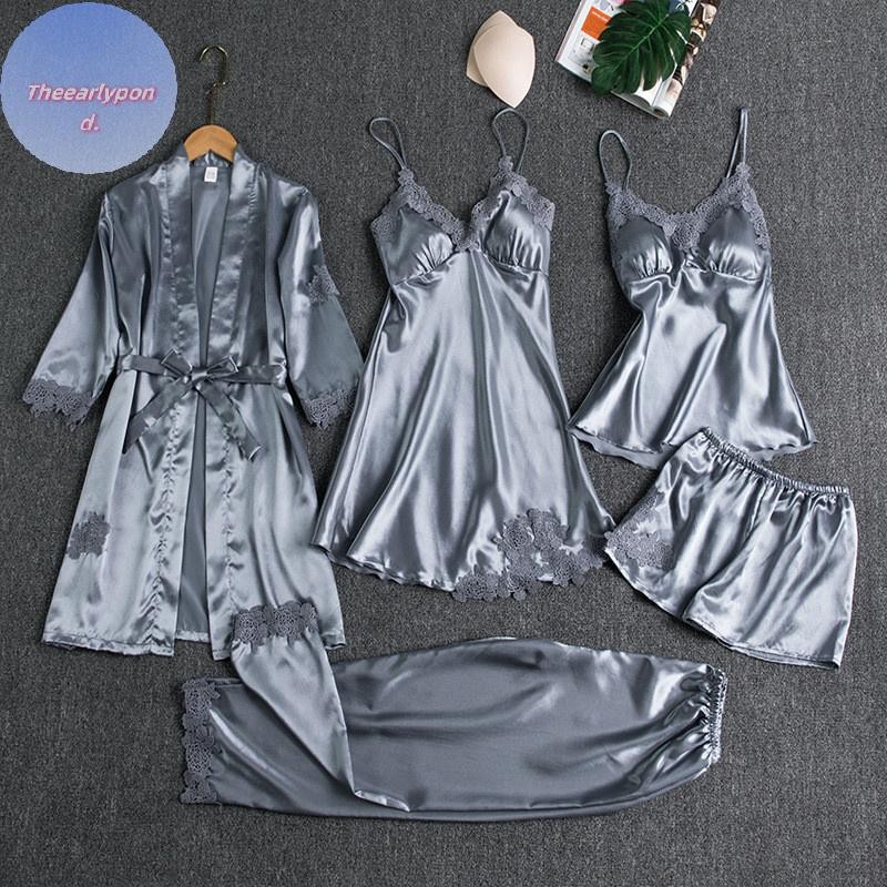 EARLYPTOND 5PC ผ้าไหม Robe Sleep ชุดสตรีลูกไม้ซาตินชุดนอนชุดนอนชุด V คอ Cami Nighties สวมใส่ Pijama บ้านชุดนอนฤดูใบไม้ผลิ Nightdress TH