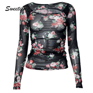 ท็อปส์แขนยาวสำหรับผู้หญิง สไตล์ใหม่ปี 2025 พิมพ์ลายดอกไม้ สไ…