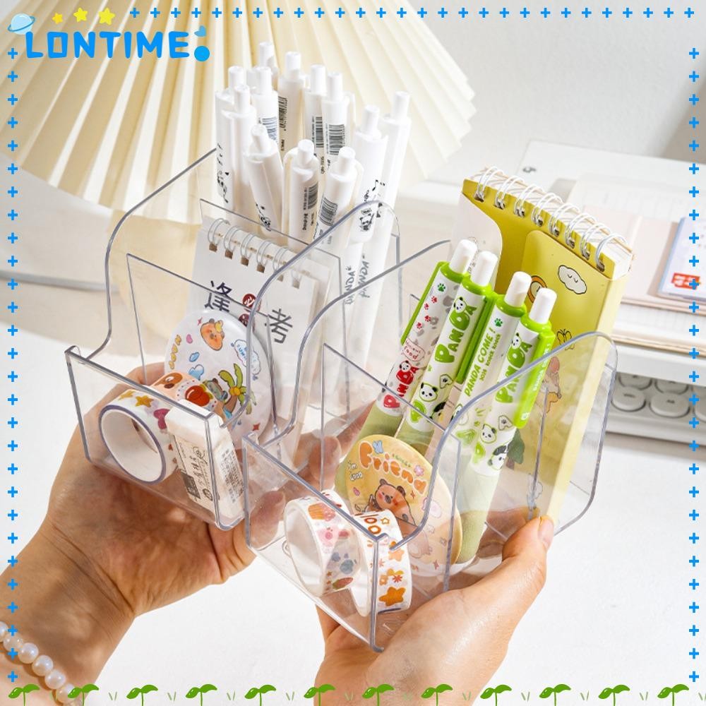 LONTIME ที่ใส่ปากกา, กล่องเก็บของโปร่งใสพลาสติก, การ์ตูนสามตารางความจุขนาดใหญ่ภาชนะปากกาสี่เหลี่ยมสํานักงานโรงเรียน