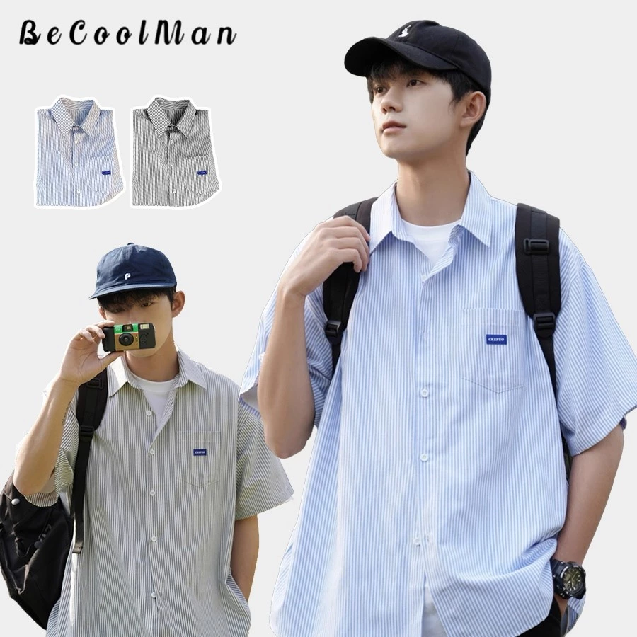 💥BecoolMan💥เสื้อเชิ้ตลายทางสำหรับผู้ชาย สีต่อ เรียบง่าย มีสไตล์ แบบหลวม ใส่ได้ทั้งชายและหญิง