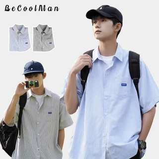 💥BecoolMan💥เสื้อเชิ้ตลายทางสำหรับผู้ชาย สีต่อ เรียบง่าย มีสไตล์ แบบหลวม ใส่ได้ทั้งชายและหญิง