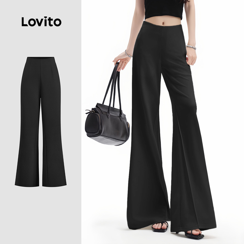 (New) Lovito กางเกงแพนต์จ์แบบสบาย กระเป๋ากางเกงตลอดปี สีดำ สำหรับผู้หญิง L142ED283
